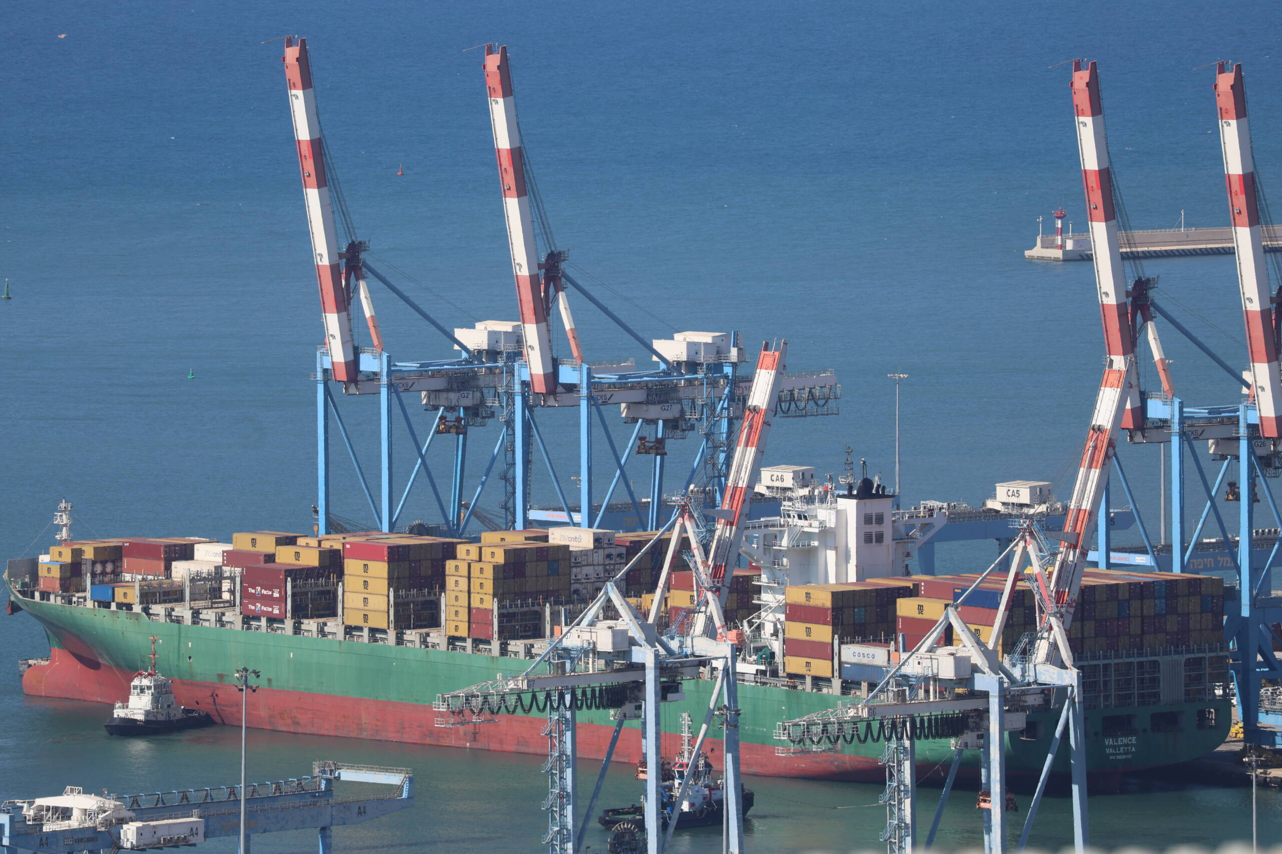 Container terminal berth with gantry cranes and a moored container ship
